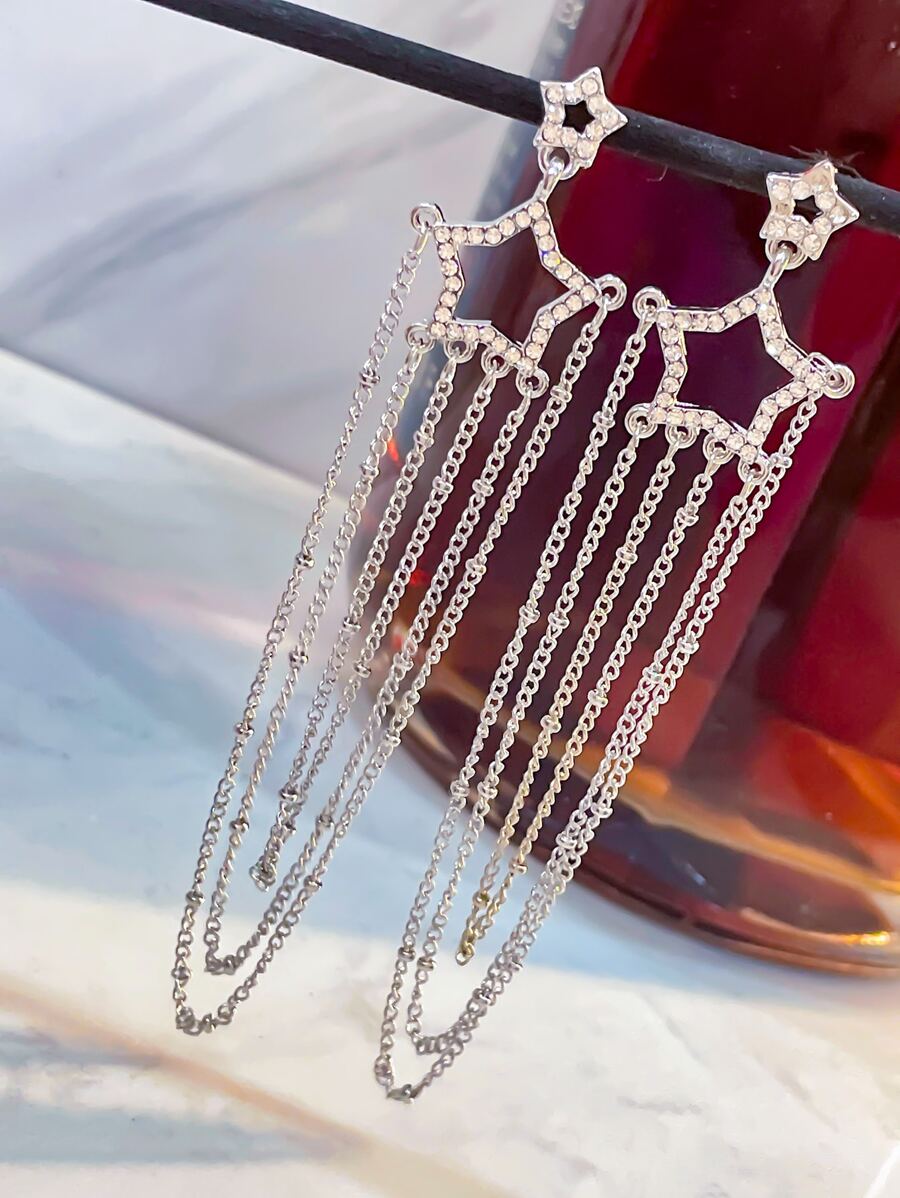 Rhinestone Decor Chain Tassel Drop Earrings - Silver - View 1