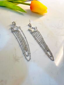 Rhinestone Decor Chain Tassel Drop Earrings - Silver - View 2