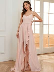 EVERPRETTY Asymmetrical Hem Chiffon Bridesmaid Dress - Baby Pink - View 1