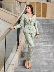 Modelyn Floral Jacquard Belted Blazer & Trousers Set - Multicolor - View 3