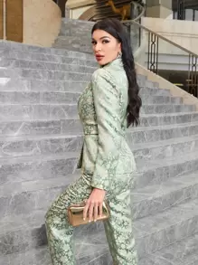 Modelyn Floral Jacquard Belted Blazer & Trousers Set - Multicolor - View 2