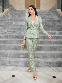 Modelyn Floral Jacquard Belted Blazer & Trousers Set - Multicolor - View 1