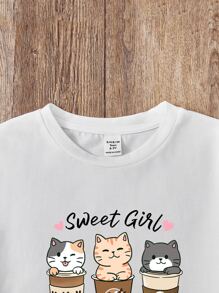 SHEIN 青少年女孩卡通和字母圖案T恤 - 白色 - 查看 3