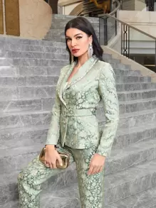 Modelyn Floral Jacquard Belted Blazer & Trousers Set - Multicolor - View 8