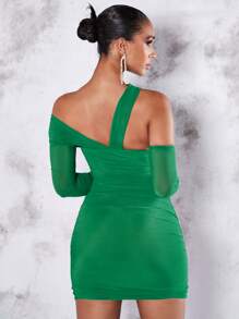 SHEIN BAE Vestido ajustado de cuello asimétrico fruncido - Verde - Ver 2