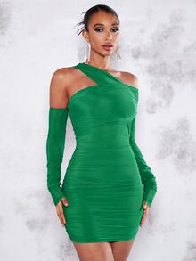 SHEIN BAE Vestido ajustado de cuello asimétrico fruncido - Verde - Ver 4