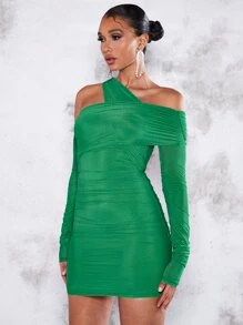 SHEIN BAE Vestido ajustado de cuello asimétrico fruncido - Verde - Ver 5