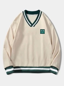 ROMWE MEN Guys Cartoon Graphic Striped Trim Sweatshirt - Khaki - View 1