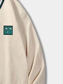 ROMWE MEN Guys Cartoon Graphic Striped Trim Sweatshirt - Khaki - View 3