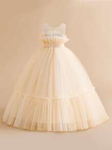少女纯色腰部蝴蝶结长款薄纱公主裙，优雅大方，适合派对、舞会、婚礼等场合，不含头饰