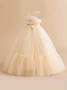 少女纯色腰部蝴蝶结长款薄纱公主裙，优雅大方，适合派对、舞会、婚礼等场合，不含头饰