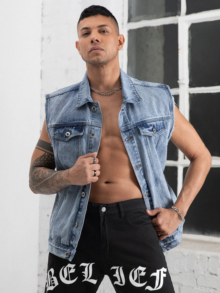 Manfinity Men Flap Detail Sleeveless Denim Jacket - Light Wash - View 1