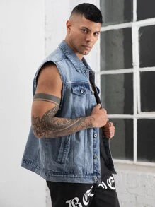 Manfinity Men Flap Detail Sleeveless Denim Jacket - Light Wash - View 3