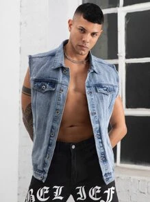 Manfinity Men Flap Detail Sleeveless Denim Jacket - Light Wash - View 4