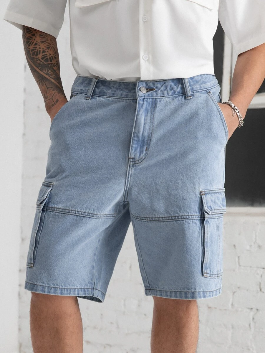 Manfinity Men Flap Pocket Side Bermuda Denim Shorts - Light Wash - View 1