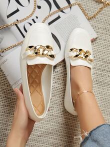 純素皮革缺口V領側金屬鏈條平底鞋 - 白色 - 查看 3