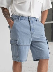 Manfinity Men Flap Pocket Side Bermuda Denim Shorts - Light Wash - View 3