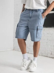 Manfinity Men Flap Pocket Side Bermuda Denim Shorts - Light Wash - View 4