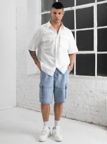 Manfinity Men Flap Pocket Side Bermuda Denim Shorts - Light Wash - View 5