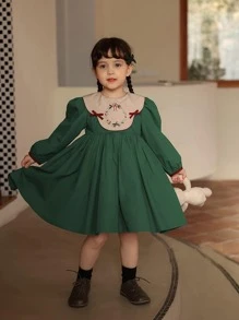 小女童花卉刺繡彼得潘領連衣裙 - 綠色 - 查看 1