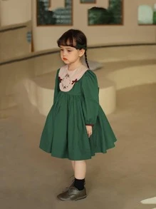 小女童花卉刺繡彼得潘領連衣裙 - 綠色 - 查看 3