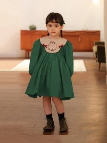 小女童花卉刺繡彼得潘領連衣裙 - 綠色 - 查看 4