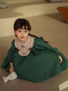 小女童花卉刺繡彼得潘領連衣裙 - 綠色 - 查看 7