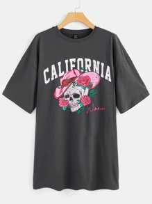 SHEIN Coolane Skull & Floral Print Drop Shoulder Tee Dress - Dark Grey - View 1