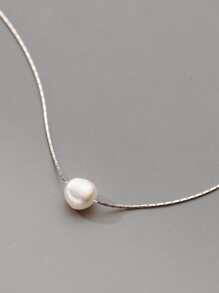 Faux Pearl Decor Silver Necklace - Silver - View 1