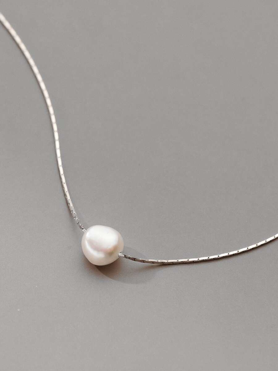 Faux Pearl Decor Silver Necklace - Silver - View 1