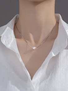 Faux Pearl Decor Silver Necklace - Silver - View 2