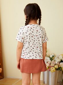 SHEIN 小女童1入組碎花T恤和1入組紙袋腰半身裙 - 彩色 - 查看 2