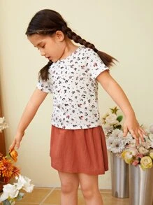 SHEIN 小女童1入組碎花T恤和1入組紙袋腰半身裙 - 彩色 - 查看 6