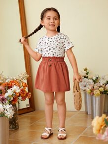 SHEIN 小女童1入組碎花T恤和1入組紙袋腰半身裙 - 彩色 - 查看 4