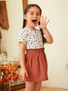 SHEIN 小女童1入組碎花T恤和1入組紙袋腰半身裙 - 彩色 - 查看 5