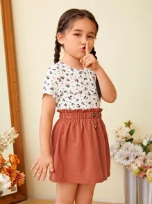 SHEIN 小女童1入組碎花T恤和1入組紙袋腰半身裙 - 彩色 - 查看 7