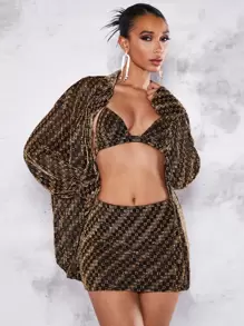 SHEIN BAE Allover Print Drop Shoulder Metallic Shirt - Coffee Brown - View 1