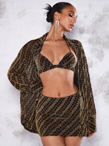 SHEIN BAE Allover Print Drop Shoulder Metallic Shirt - Coffee Brown - View 5