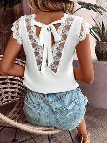 SHEIN VCAY Contrast Lace Tie Back Scallop Trim Blouse - White - View 1