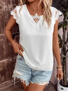 SHEIN VCAY Contrast Lace Tie Back Scallop Trim Blouse - White - View 4