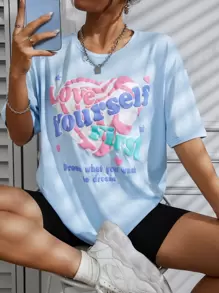 SHEIN Unity Áo thun nữ Tim Slogan Giải trí - Màu xanh nhạt - Xem 1