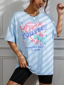 SHEIN Unity Áo thun nữ Tim Slogan Giải trí - Màu xanh nhạt - Xem 4