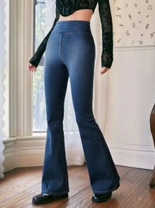 SHEIN MOD Zip Up Side Flare Leg Jeans - Dark Wash - View 2