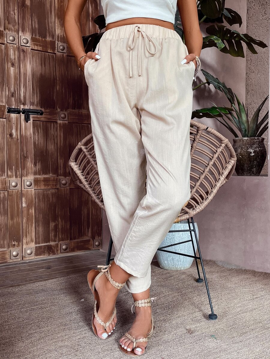 SHEIN VCAY Slant Pocket Tie Front Trousers - Apricot - View 1