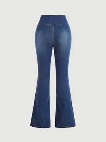 SHEIN MOD Zip Up Side Flare Leg Jeans - Dark Wash - View 6