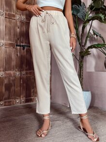 SHEIN VCAY Slant Pocket Tie Front Trousers - Apricot - View 5