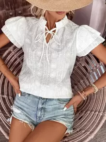 SHEIN VCAY Eyelet Embroidery Tie Neck Butterfly Sleeve Frill Trim Blouse - White - View 1