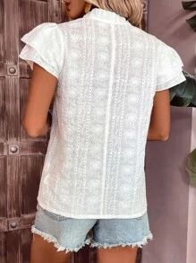 SHEIN VCAY Eyelet Embroidery Tie Neck Butterfly Sleeve Frill Trim Blouse - White - View 2