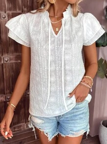 SHEIN VCAY Eyelet Embroidery Tie Neck Butterfly Sleeve Frill Trim Blouse - White - View 5