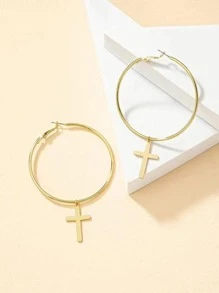 Cross Decor Hoop Earrings - Yellow Gold - View 2